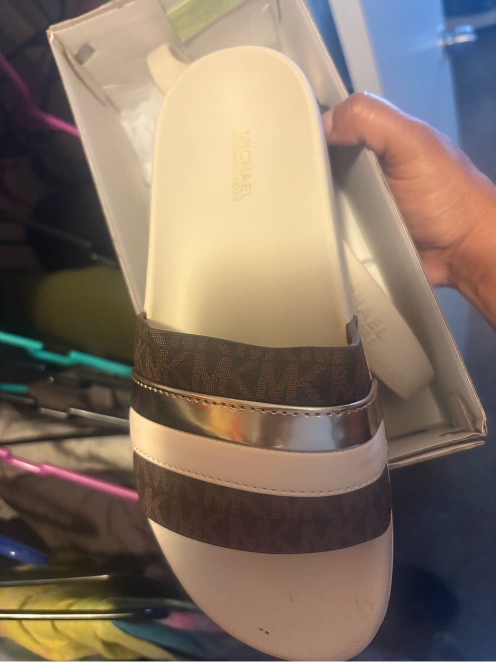 Michael Kors Brown Logo & White Slide with Metallic Trim